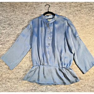 Michael Kors Satin Blouse Women S Storm Blue Roll Tab Sleeves Peplum Top